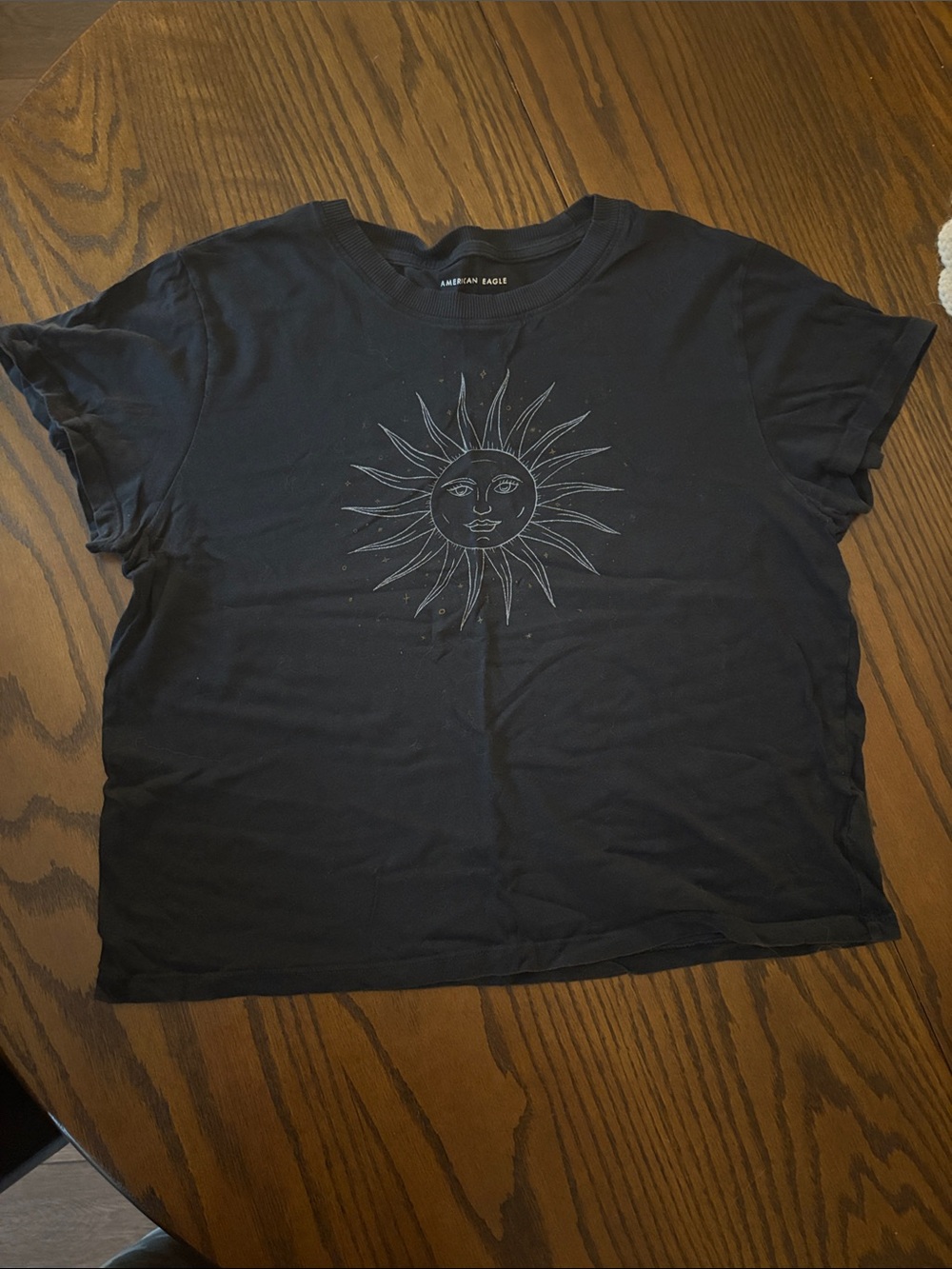 American Eagle Outfitters Black Sun Face Graphic Crop Tee